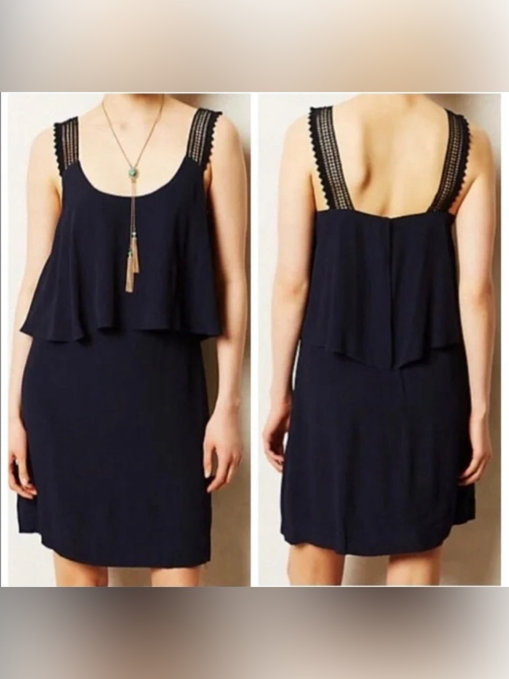 Anthropologie Maeve Tisana crochet strap tiered mini dress - navy blue